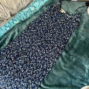 H&M Midi Dress Navy Blue with White Floral Pattern